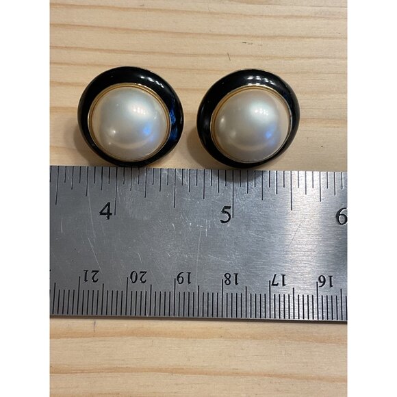 Vintage Post Back Pierced Earrings With Faux Pearls & Black Enamel Accents - Picture 4 of 4